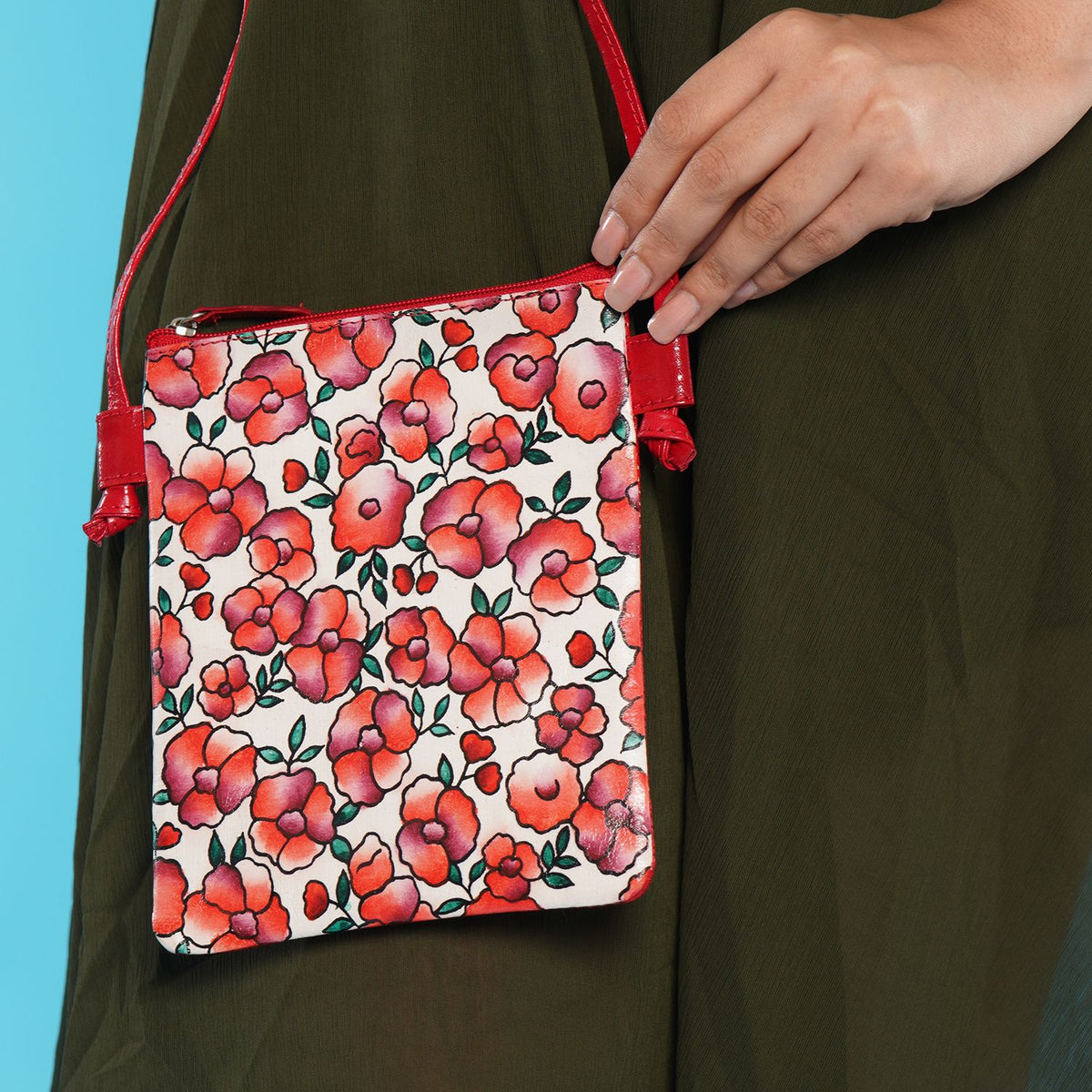 SUKRITI - Genuine Leather Crossbody Flower Print Sling Bag with Shoulder Strap - Red 7272055 2