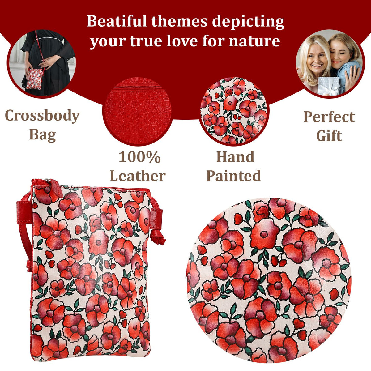 SUKRITI - Genuine Leather Crossbody Flower Print Sling Bag with Shoulder Strap - Red 7272055 3