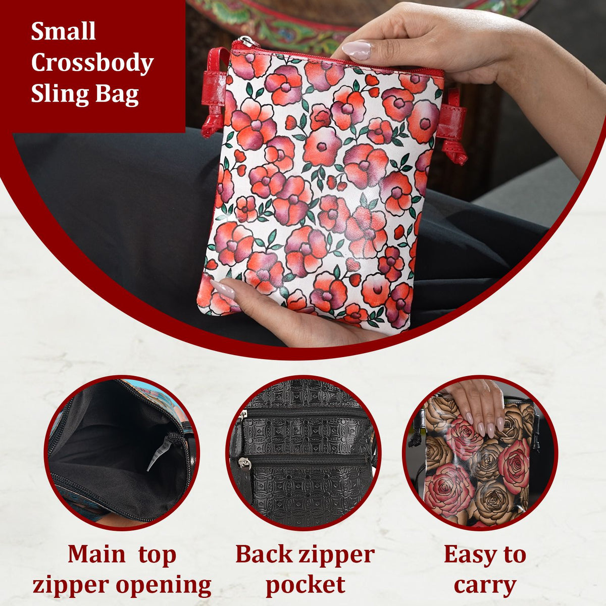 SUKRITI - Genuine Leather Crossbody Flower Print Sling Bag with Shoulder Strap - Red 7272055 5