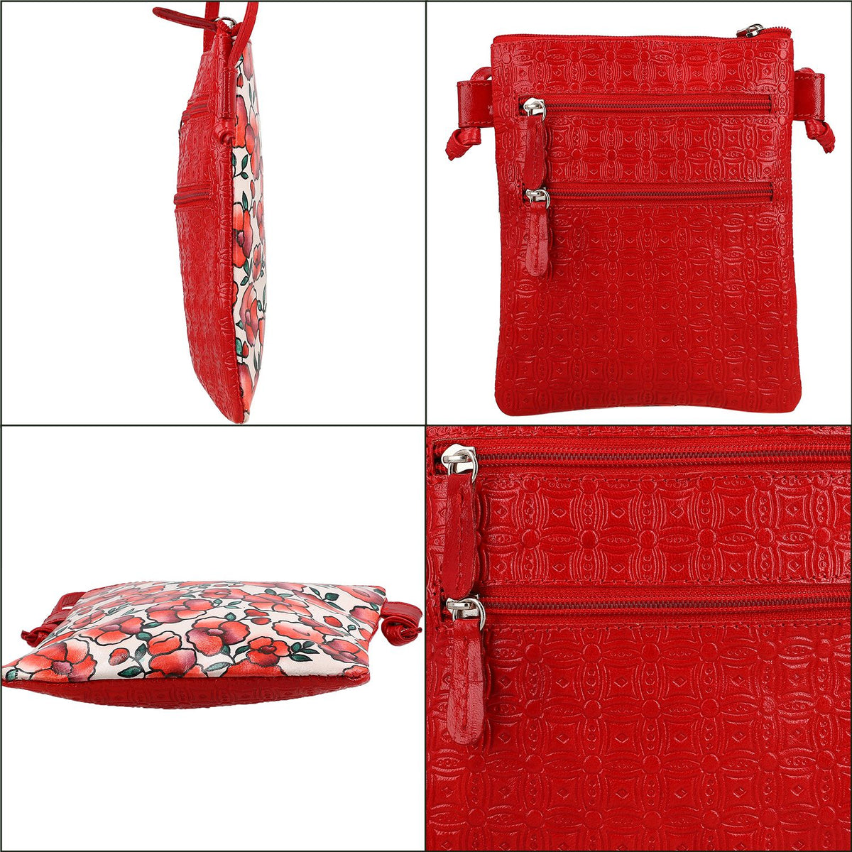 SUKRITI - Genuine Leather Crossbody Flower Print Sling Bag with Shoulder Strap - Red 7272055 6