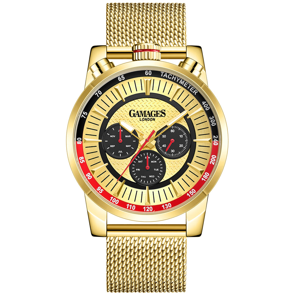 GAMAGES OF LONDON Limited Edition Hand Assembled Standing Timer Automatic Movement Gold Dial Water Resistant Watch with Gold Mesh Bracelet_7278762