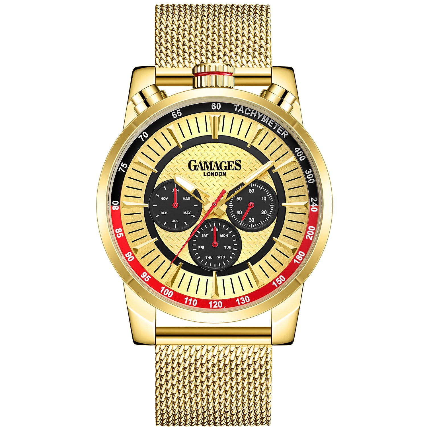 GAMAGES OF LONDON Limited Edition Hand Assembled Standing Timer Automatic Movement Gold Dial Water Resistant Watch with Gold Mesh Bracelet 7278762 0