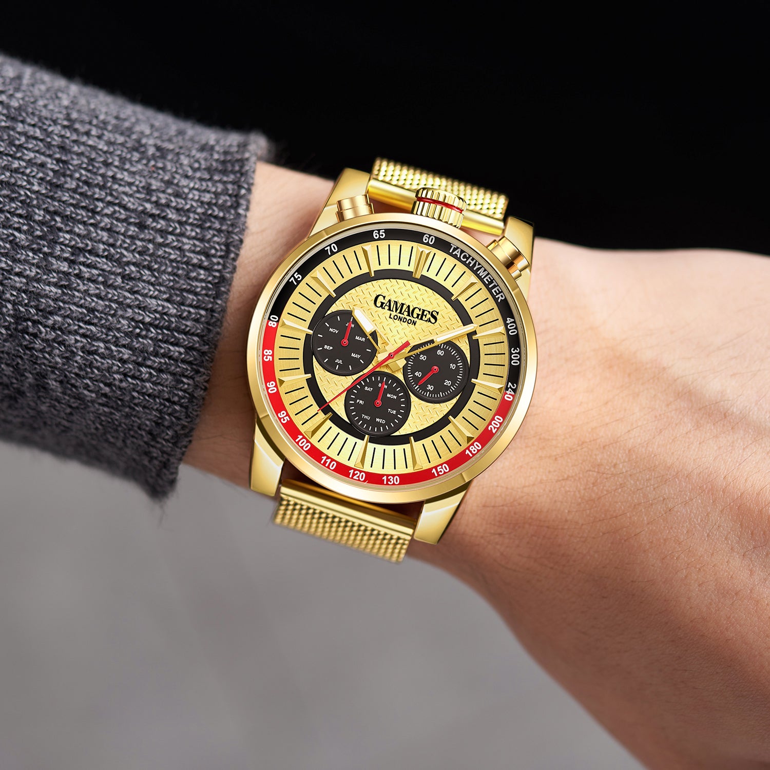 GAMAGES OF LONDON Limited Edition Hand Assembled Standing Timer Automatic Movement Gold Dial Water Resistant Watch with Gold Mesh Bracelet 7278762 1