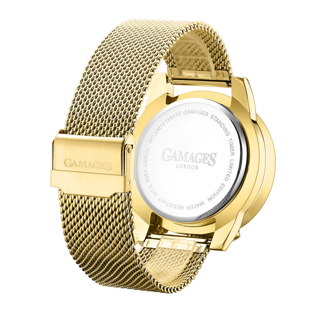GAMAGES OF LONDON Limited Edition Hand Assembled Standing Timer Automatic Movement Gold Dial Water Resistant Watch with Gold Mesh Bracelet_7278762_2