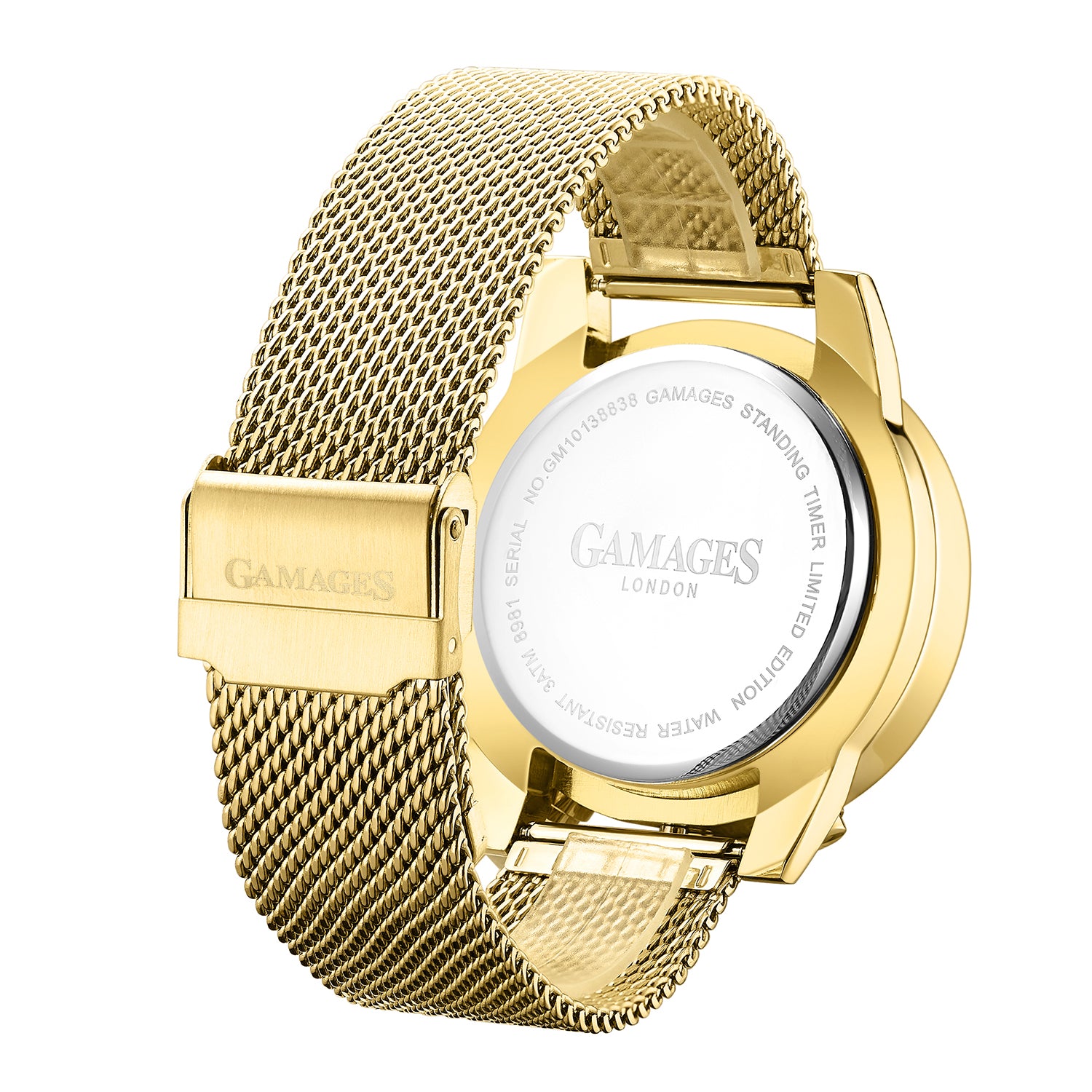 GAMAGES OF LONDON Limited Edition Hand Assembled Standing Timer Automatic Movement Gold Dial Water Resistant Watch with Gold Mesh Bracelet 7278762 2