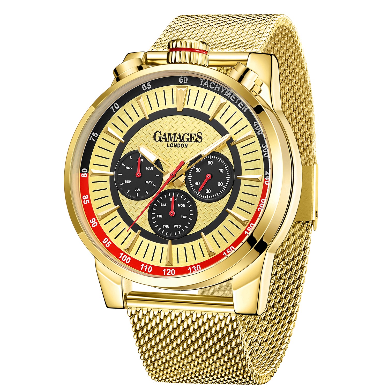 GAMAGES OF LONDON Limited Edition Hand Assembled Standing Timer Automatic Movement Gold Dial Water Resistant Watch with Gold Mesh Bracelet 7278762 3