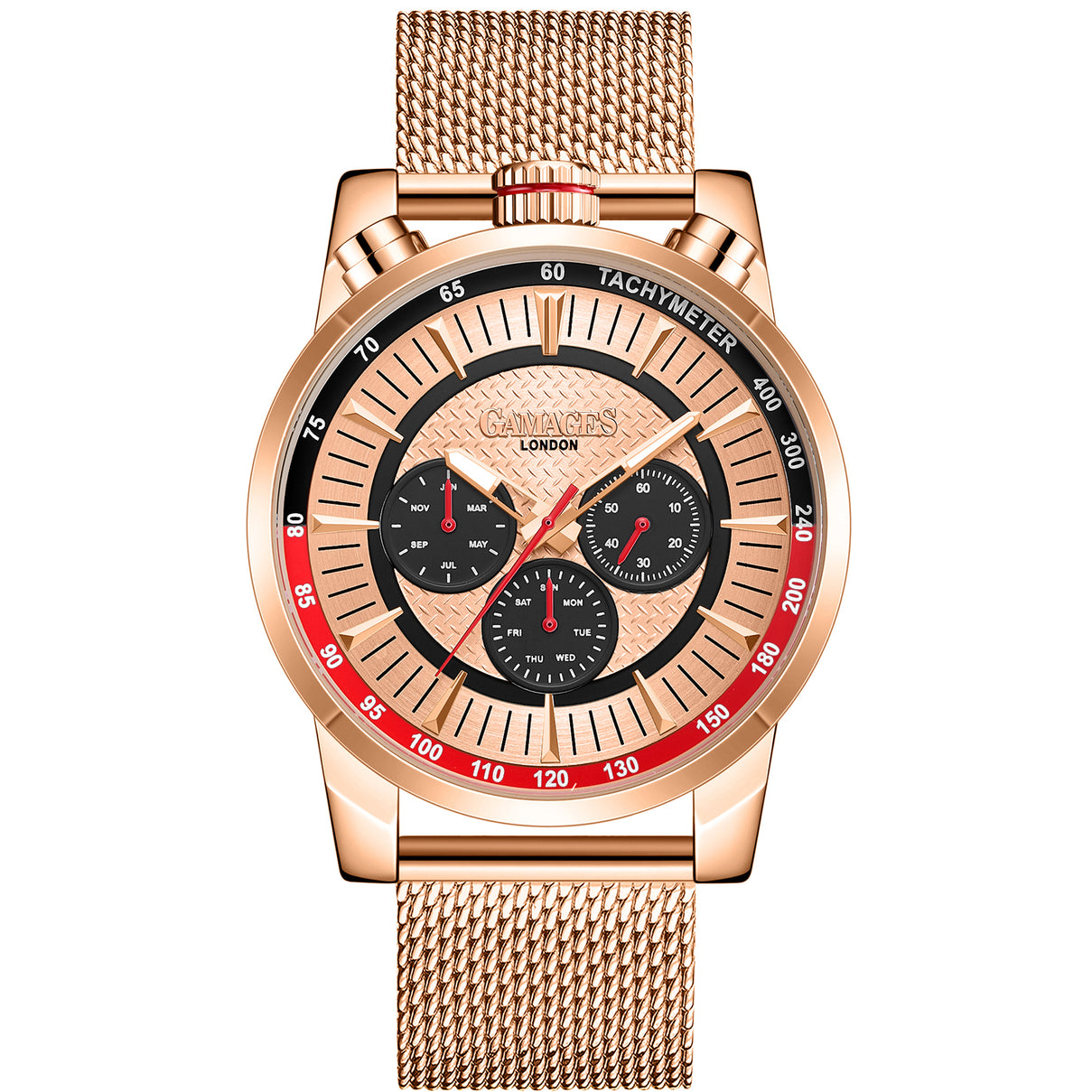 GAMAGES OF LONDON Limited Edition Hand Assembled Standing Timer Automatic Movement Rose Gold Dial Water Resistant Watch with Rose Gold Mesh Bracelet 7278783 0
