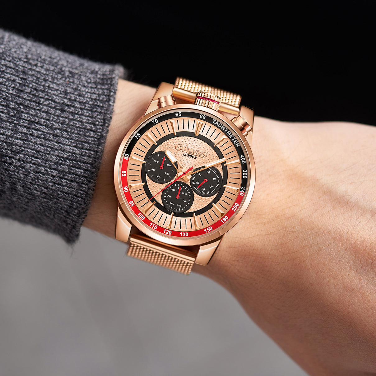 GAMAGES OF LONDON Limited Edition Hand Assembled Standing Timer Automatic Movement Rose Gold Dial Water Resistant Watch with Rose Gold Mesh Bracelet 7278783 1