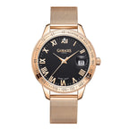 GAMAGES OF LONDON Swiss Quartz Movement Ladies Refined Timer Black Dial Diamond Studded Water Resistant Watch with Mesh Bracelet in Rose Gold Tone_7281658