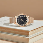 GAMAGES OF LONDON Swiss Quartz Movement Ladies Refined Timer Black Dial Diamond Studded Water Resistant Watch with Mesh Bracelet in Rose Gold Tone_7281658_1