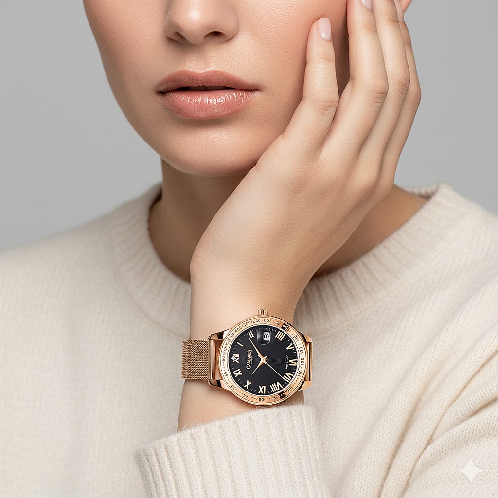 GAMAGES OF LONDON Ladies Refined Timer Black Dial Diamond Studded Water Resistant Watch with Mesh Bracelet in Rose Gold Tone V32562277 2