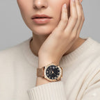 GAMAGES OF LONDON Swiss Quartz Movement Ladies Refined Timer Black Dial Diamond Studded Water Resistant Watch with Mesh Bracelet in Rose Gold Tone_7281658_2