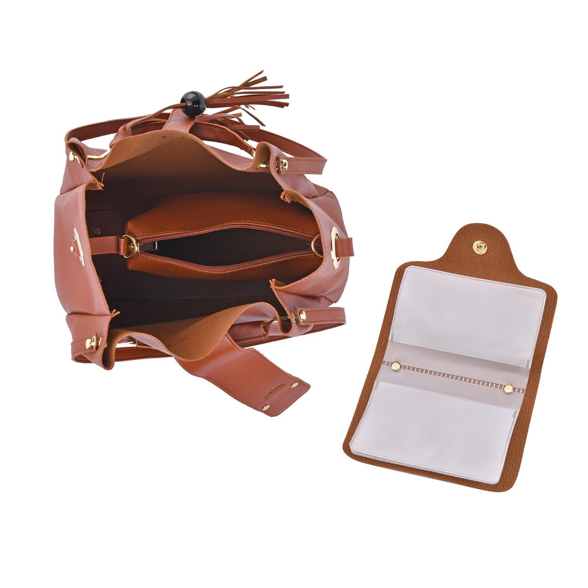 One Time Close Out Deal- Set of 4 - Tote Bag with Handle Drop, Card Holder, Crossbody and Clutch Bag with Long Strap - Tan 7302429 7