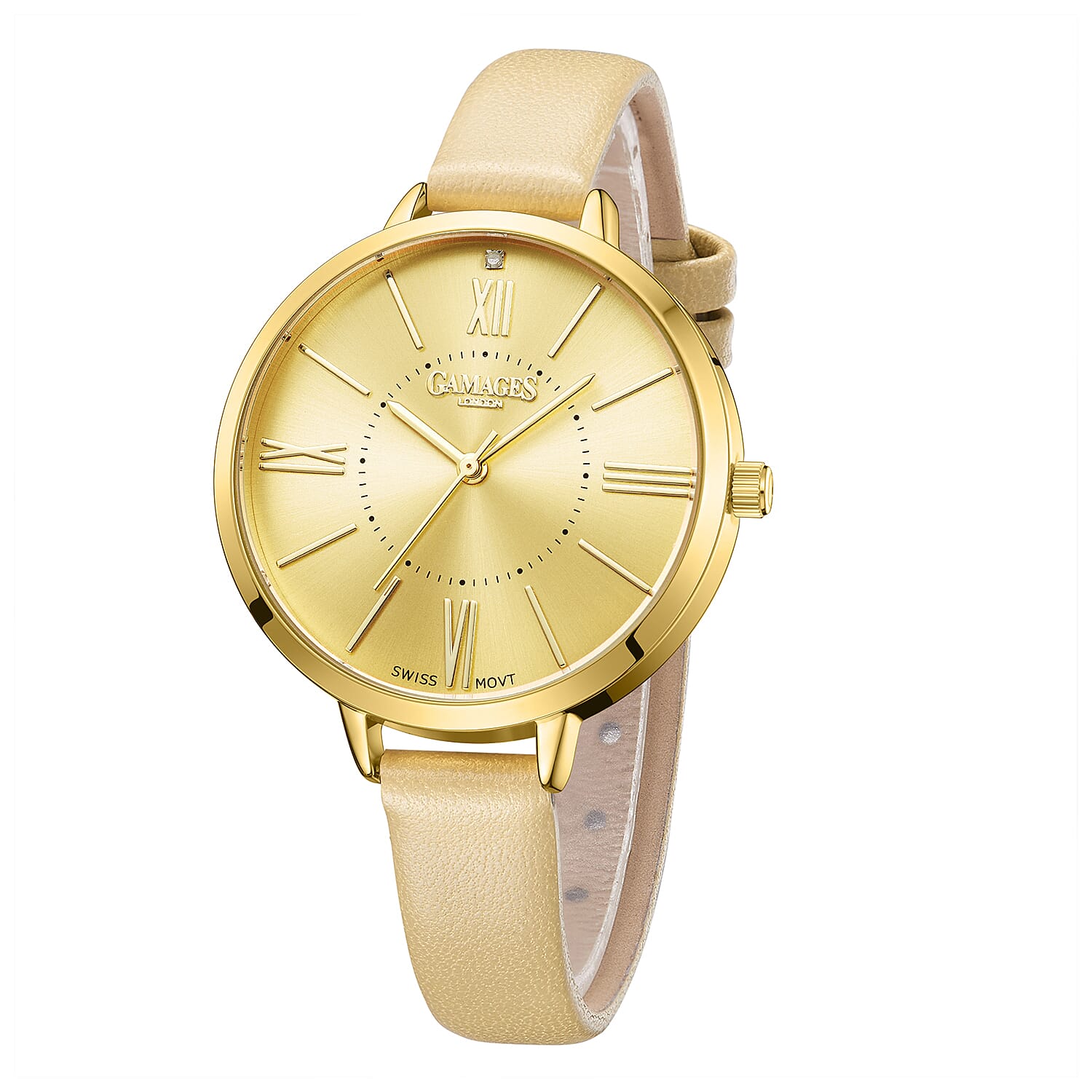 Gamages Of London Diamond Swiss Quartz Movement 3ATM Water Resistant Champagne Dial Ladies Jubilant Watch in Stainless Steel - Gold V32512540 3