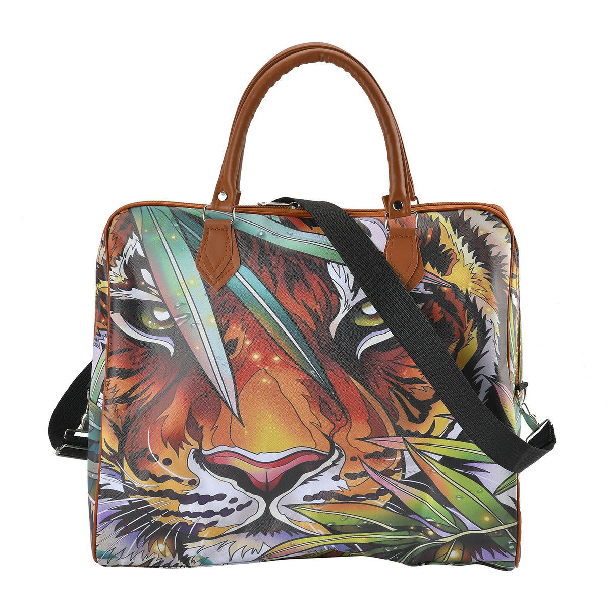 Tiger Head &amp; Leaves Pattern Tote Bag with Handle Drop &amp; Detachable Shoulder Strap - Brown 7303276 0