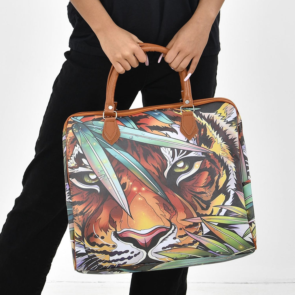 Tiger Head & Leaves Pattern Tote Bag with Handle Drop & Detachable Shoulder Strap - Brown_7303276_2
