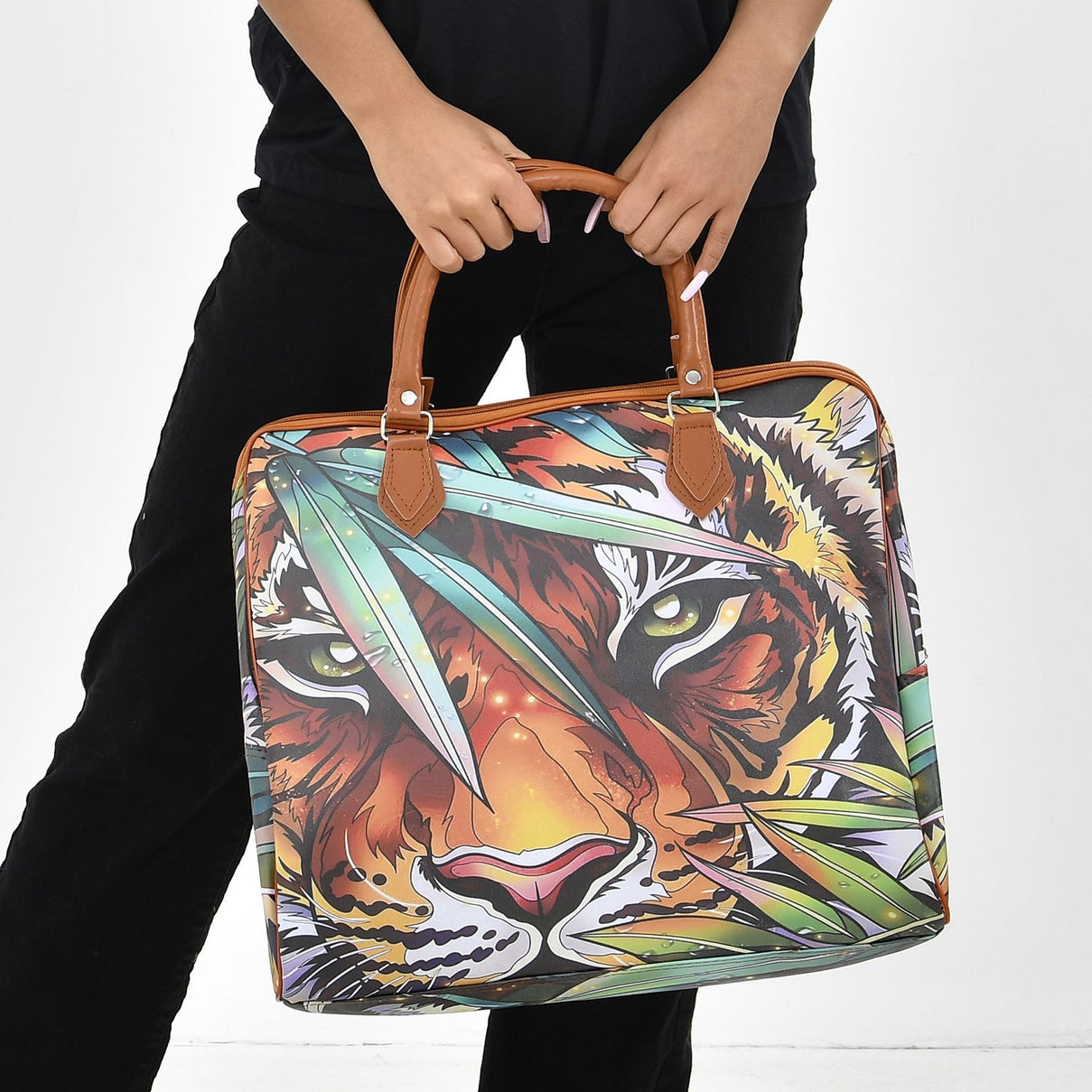 Tiger Head &amp; Leaves Pattern Tote Bag with Handle Drop &amp; Detachable Shoulder Strap - Brown 7303276 3