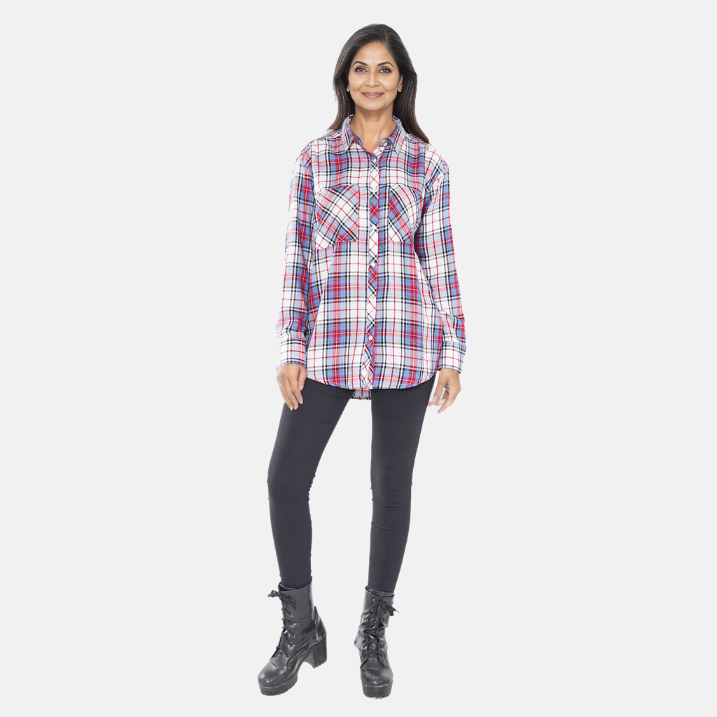TAMSY 100% Viscose Check Shirt (Size L) - Light Blue_7308213