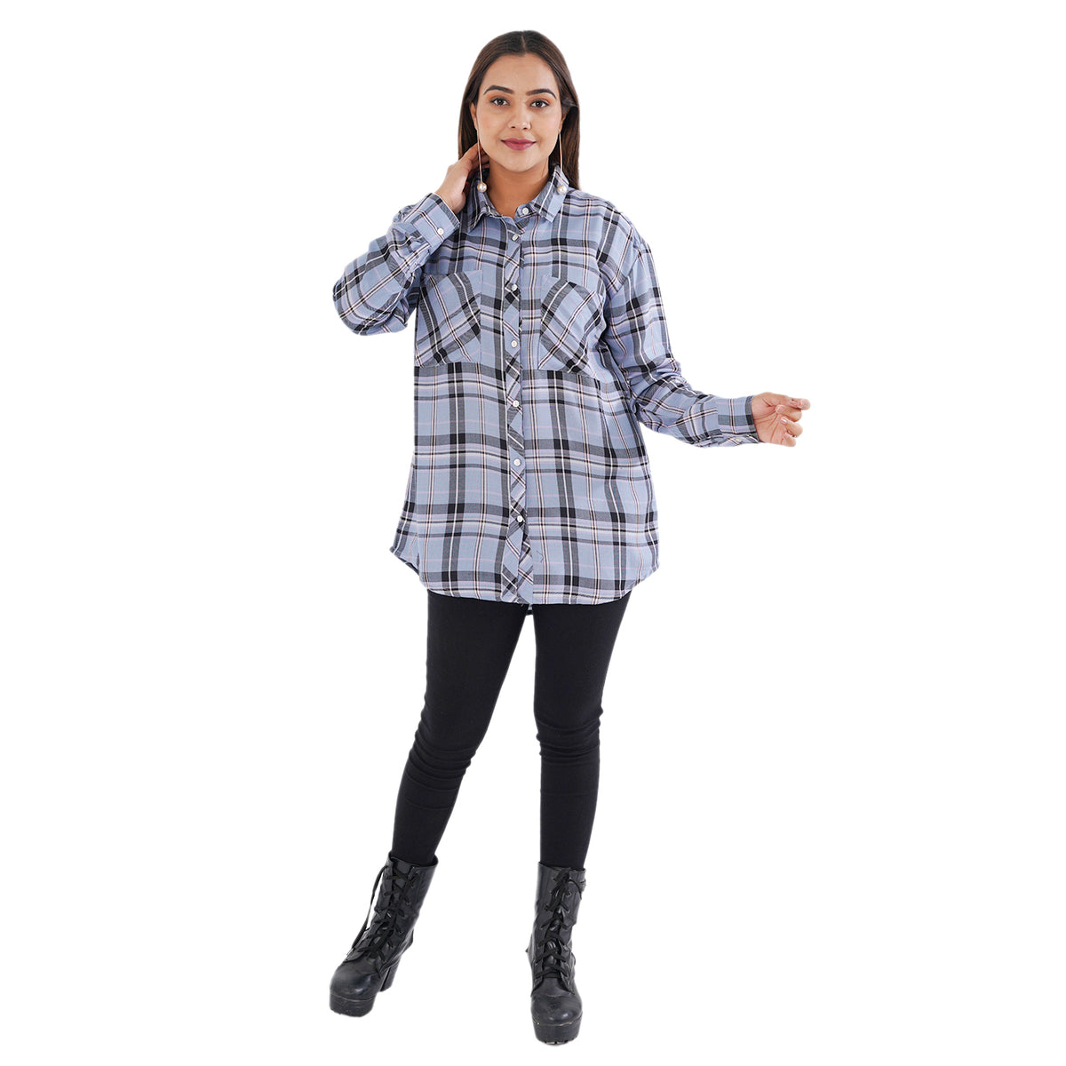 TAMSY Collared Neck Check Pattern Women's Shirt - Light blue V32516818 0