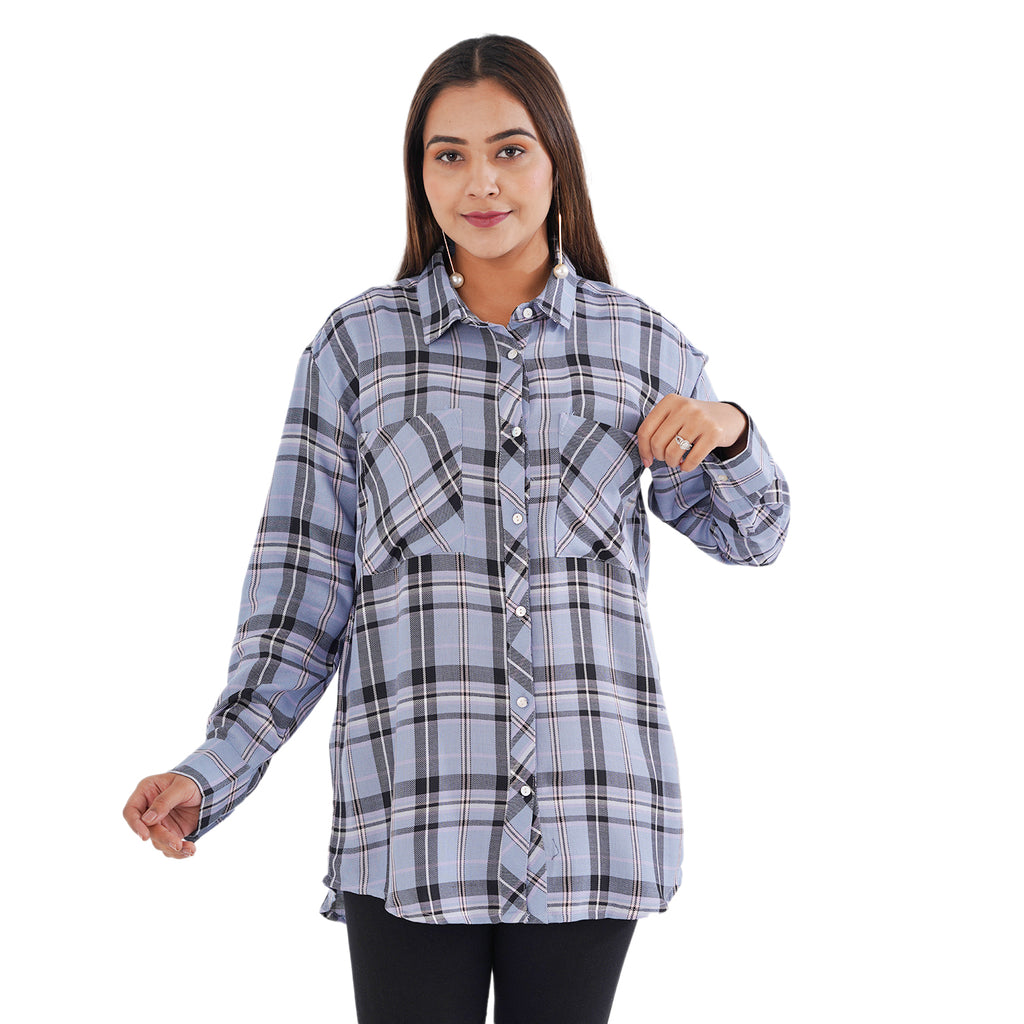 TAMSY 100% Viscose Check Shirt (Size L) - Light Blue_7308214_2