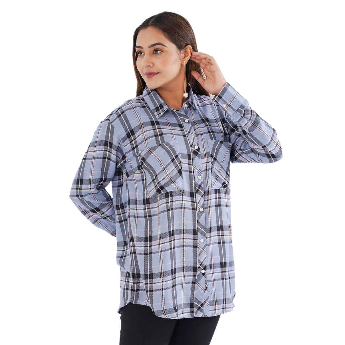 TAMSY Collared Neck Check Pattern Women's Shirt - Light blue V32516818 4