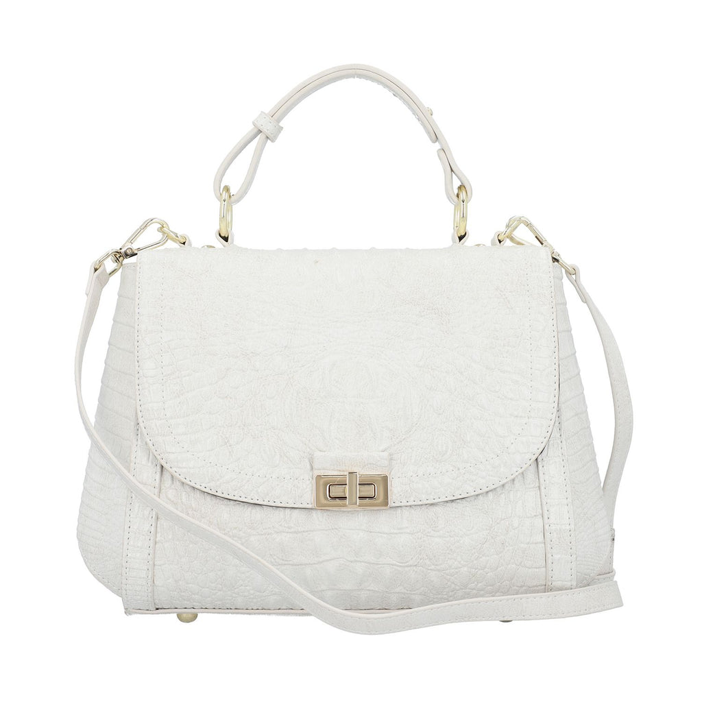 Black Friday Doorbuster - 100% Genuine Leather Croc Embossed Convertible Bag with Detachable Long Strap - Off-White_7311076