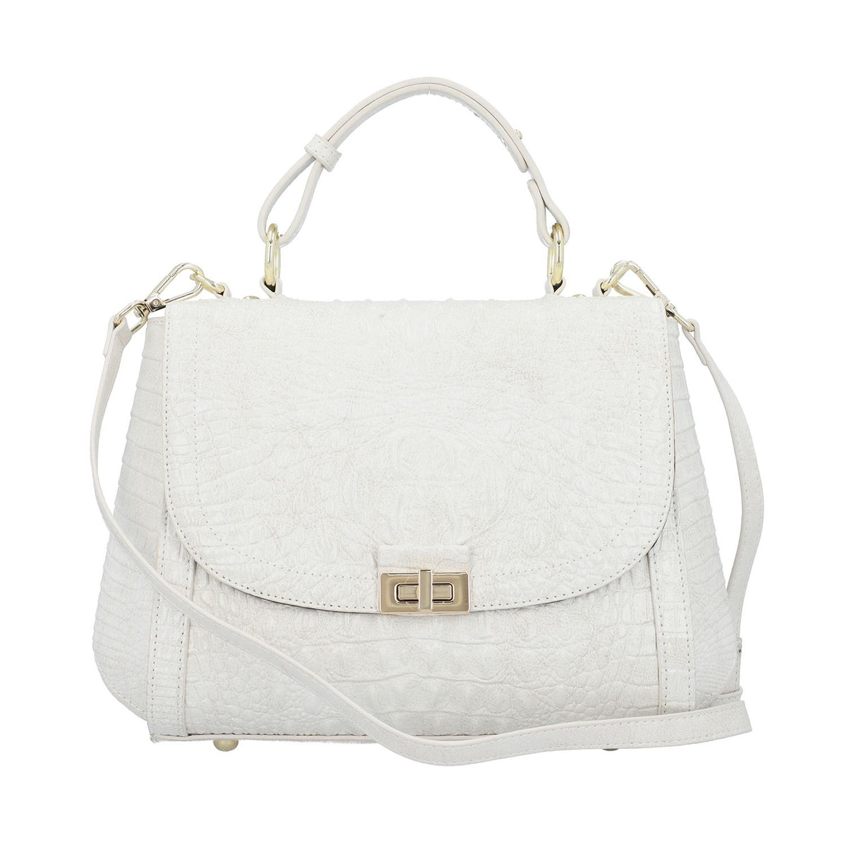 100% Genuine Leather Croc Embossed Convertible Bag with Detachable Long Strap - Off-White 7311076 0