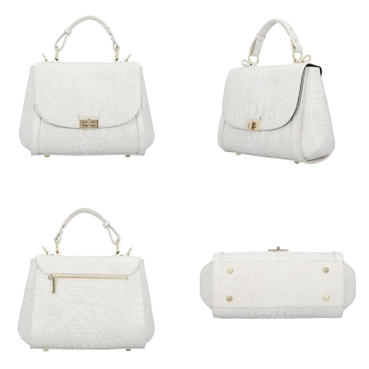 100% Genuine Leather Croc Embossed Convertible Bag with Detachable Long Strap - Off-White 7311076 4