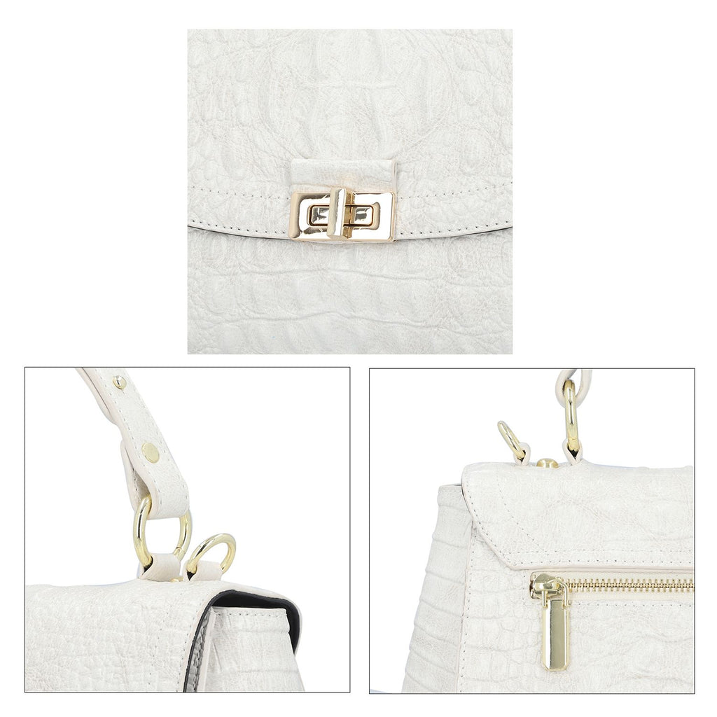 Black Friday Doorbuster - 100% Genuine Leather Croc Embossed Convertible Bag with Detachable Long Strap - Off-White_7311076_4