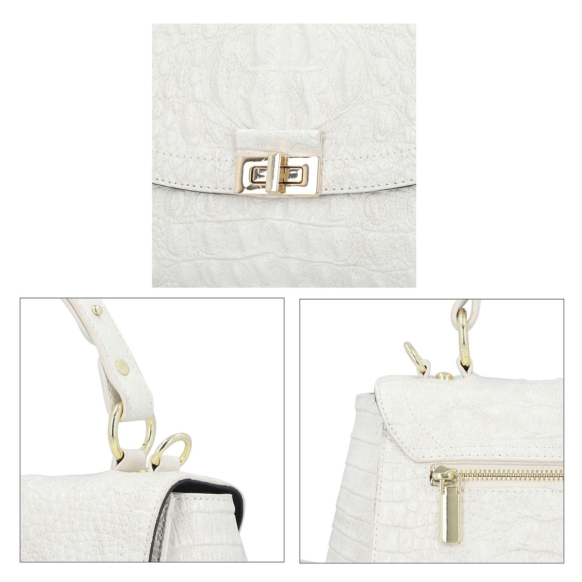 100% Genuine Leather Croc Embossed Convertible Bag with Detachable Long Strap - Off-White 7311076 5