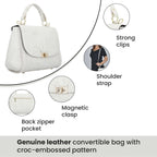 Black Friday Doorbuster - 100% Genuine Leather Croc Embossed Convertible Bag with Detachable Long Strap - Off-White_7311076_6
