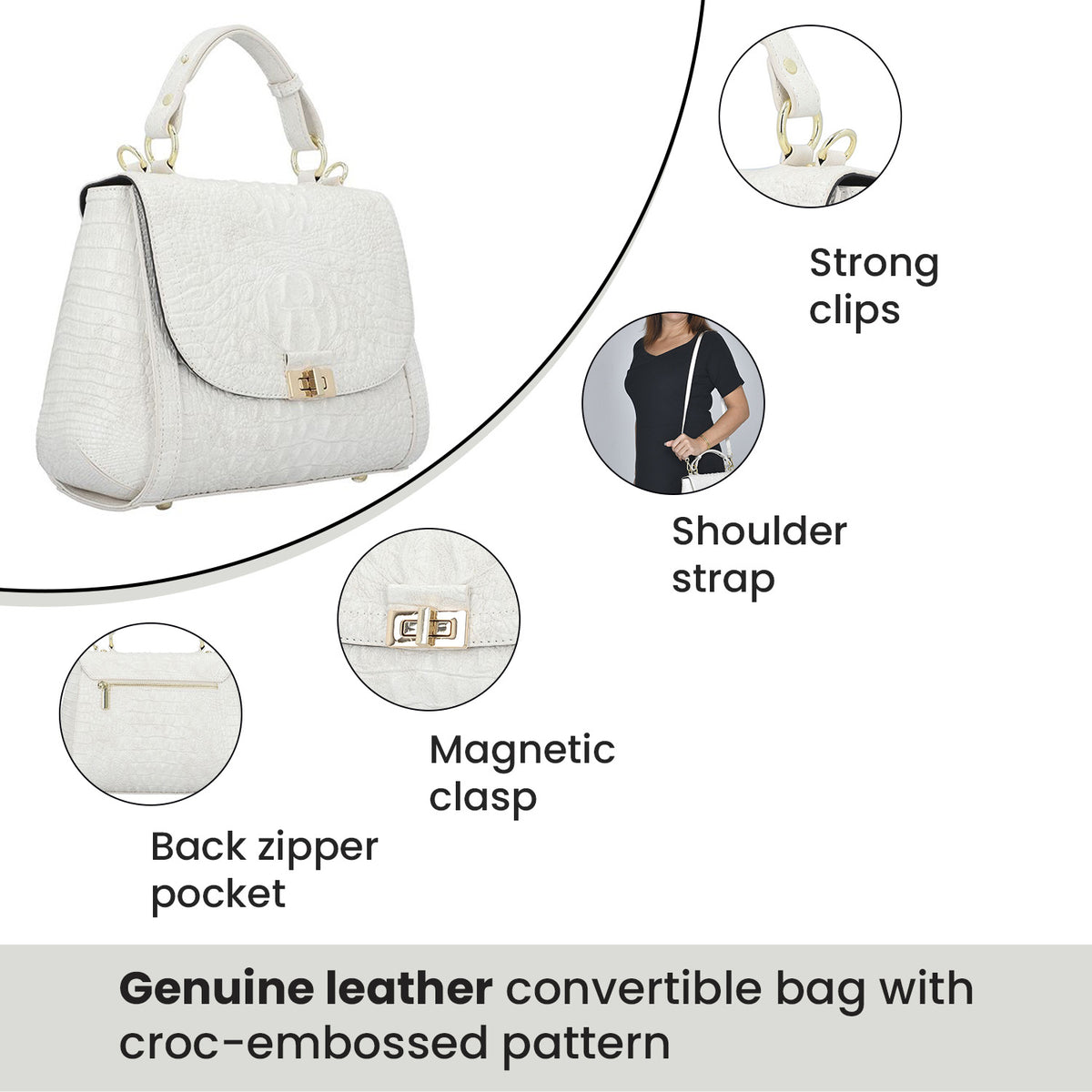 100% Genuine Leather Croc Embossed Convertible Bag with Detachable Long Strap - Off-White 7311076 7