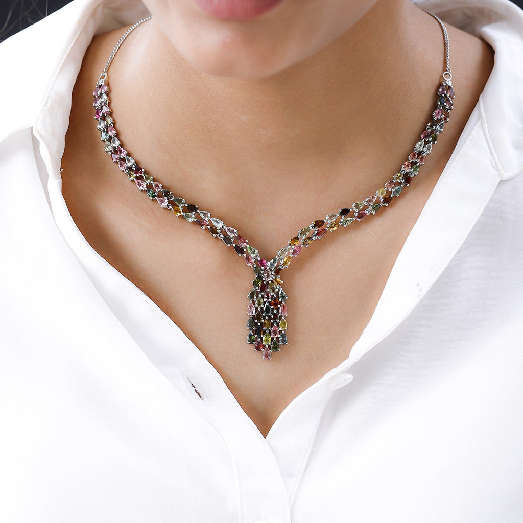 Multi-Tourmaline Cluster Necklace With Lobaster Clasp (Size - 20) in Platinum Overlay Sterling Silver 18.70 Ct, Silver Wt. 19.31 Gms_7312998_1