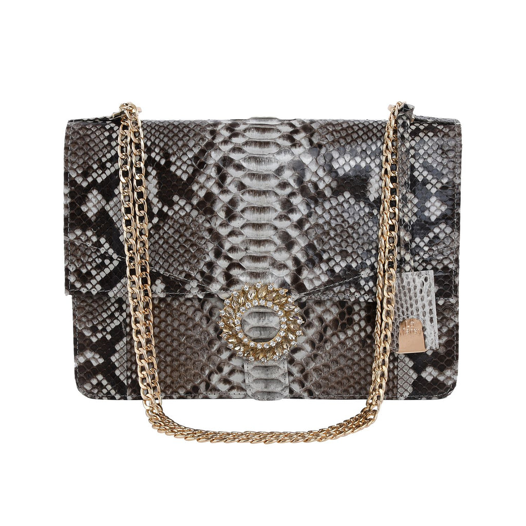 LA MAREY 100% Genuine Python Leather Crossbody Bag with Adjustable Shoulder Chain Strap - Light Brown and Beige_7323890