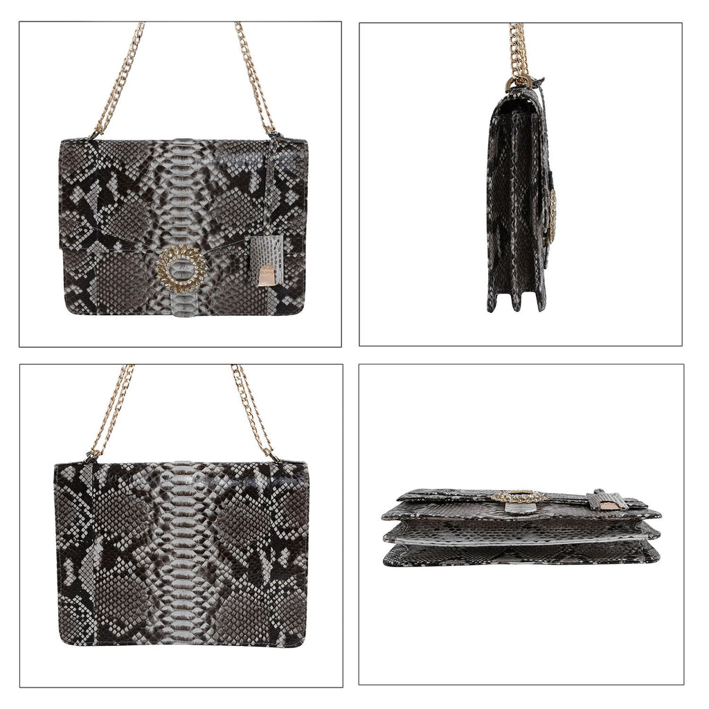 LA MAREY 100% Genuine Python Leather Crossbody Bag with Adjustable Shoulder Chain Strap - Light Brown and Beige_7323890_1