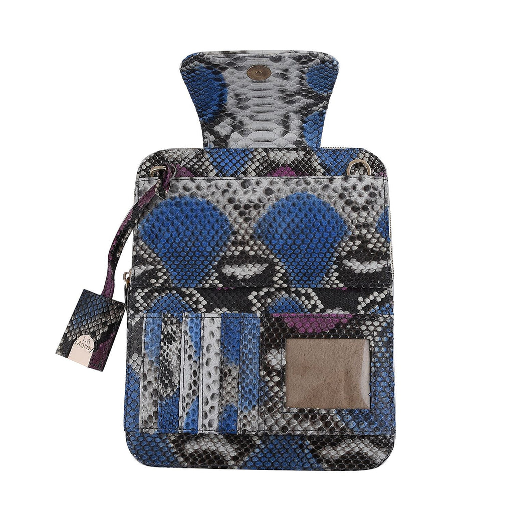 LA MAREY 100% Genuine Python Leather Crossbody Bag with Adjustable Shoulder Strap - Off White & Light Blue_7323919_2
