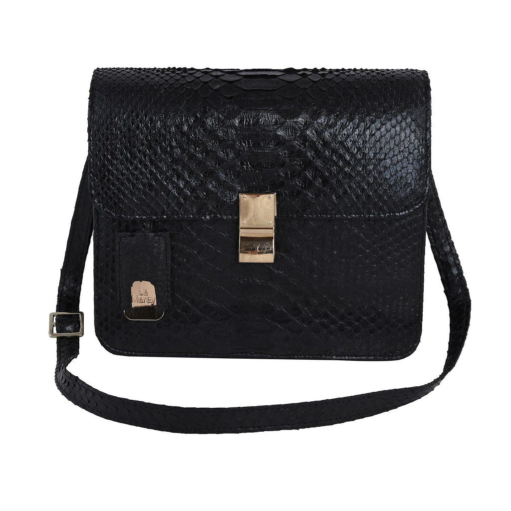 LA MAREY 100% Genuine Python Leather Bag with Adjustable Shoulder Strap - Black_7323934