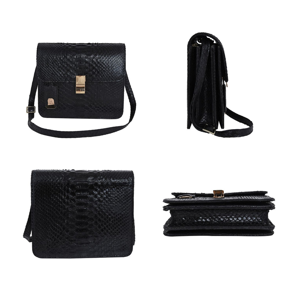 LA MAREY 100% Genuine Python Leather Bag with Adjustable Shoulder Strap - Black_7323934_1