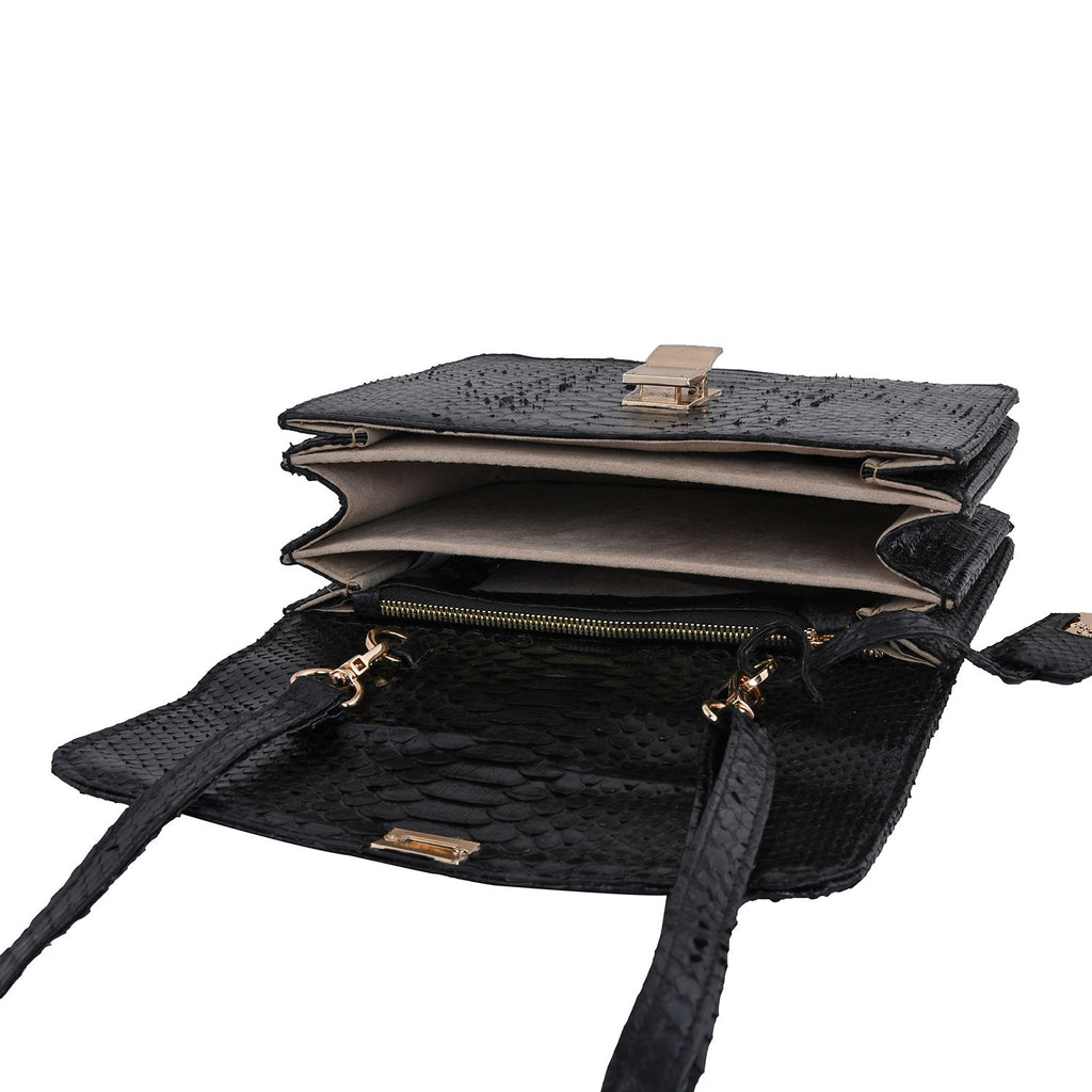 LA MAREY 100% Genuine Python Leather Bag with Adjustable Shoulder Strap - Black_7323934_2