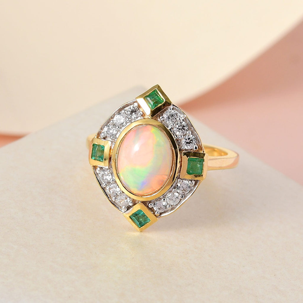Ethiopian Welo Opal, Natural Zircon & Zambian Emerald Ring in 18K Vermeil Yellow Gold Plated Sterling Silver 1.76 Ct._7324686_1