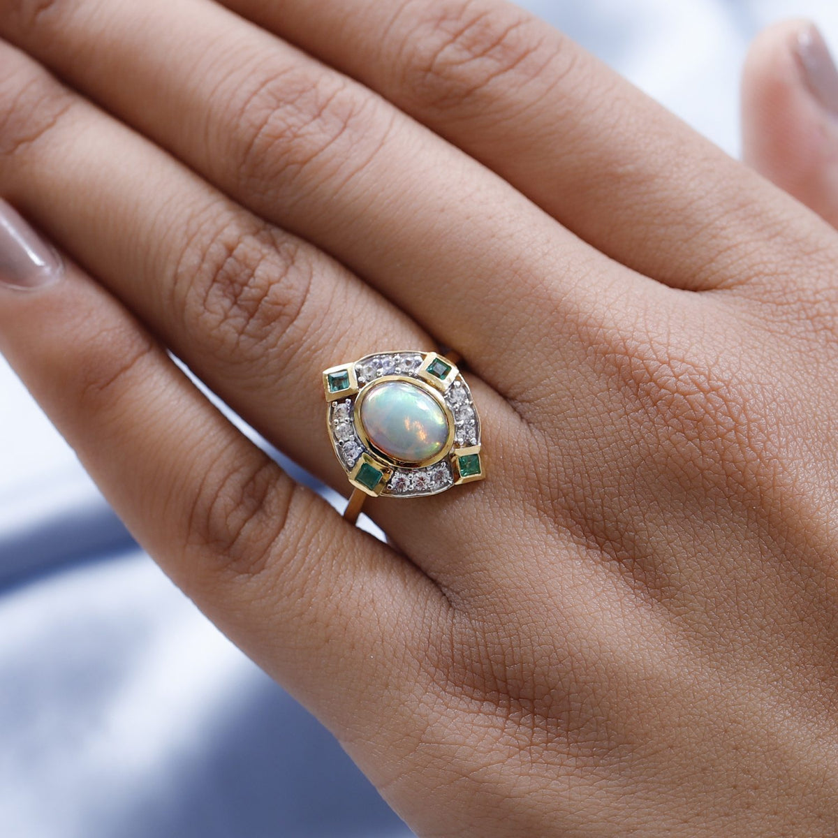 Ethiopian Welo Opal, Natural Cambodian Zircon and Zambian Emerald Ring in 18K Vermeil Yellow Gold Plated Sterling Silver 1.81 Ct. V32638795 3