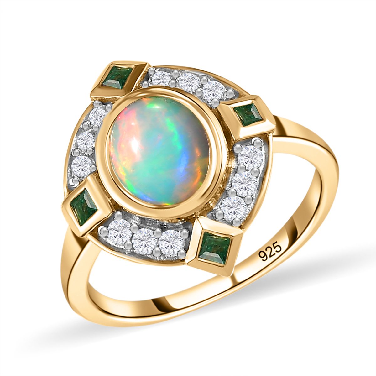 Ethiopian Welo Opal, Natural Cambodian Zircon and Zambian Emerald Ring in 18K Vermeil Yellow Gold Plated Sterling Silver 1.81 Ct. V32638795 4
