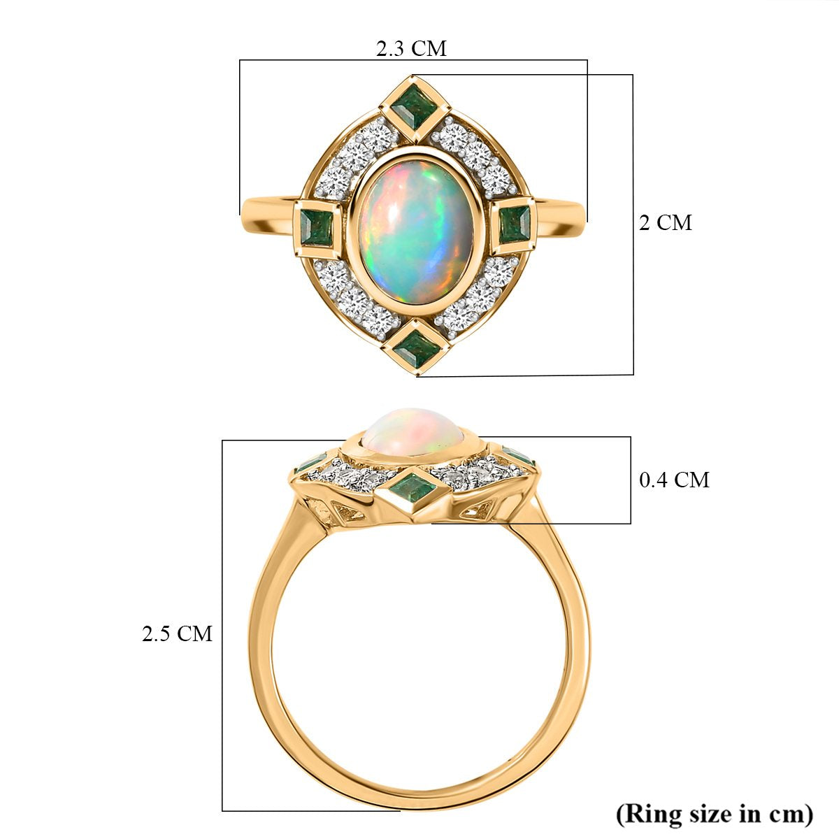 Ethiopian Welo Opal, Natural Cambodian Zircon and Zambian Emerald Ring in 18K Vermeil Yellow Gold Plated Sterling Silver 1.81 Ct. V32668430 7