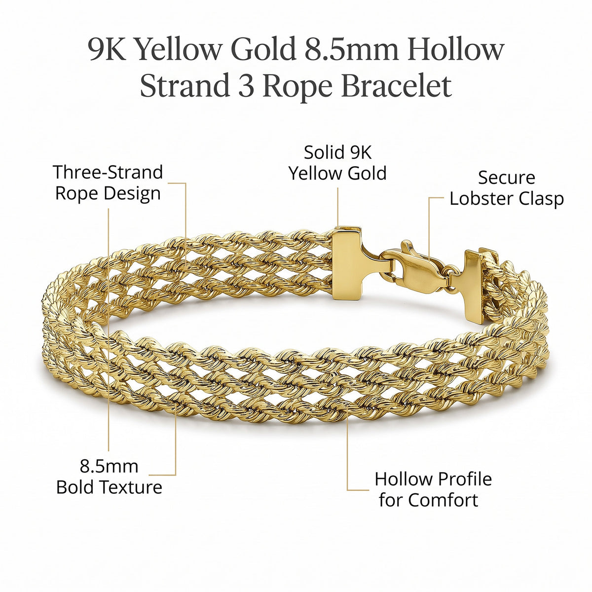 9K Yellow Gold 8.5mm Hollow Strand 3 Rope Bracelet 7 Inch 7328147 7