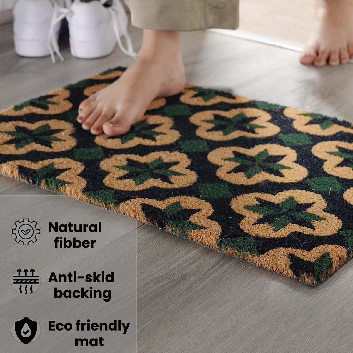 15mm Trellis Design PVC Backed Coir Natural Printed Rug and Door Mat (Size 60x40 cm) - Brown, Green - Black 7329535 4