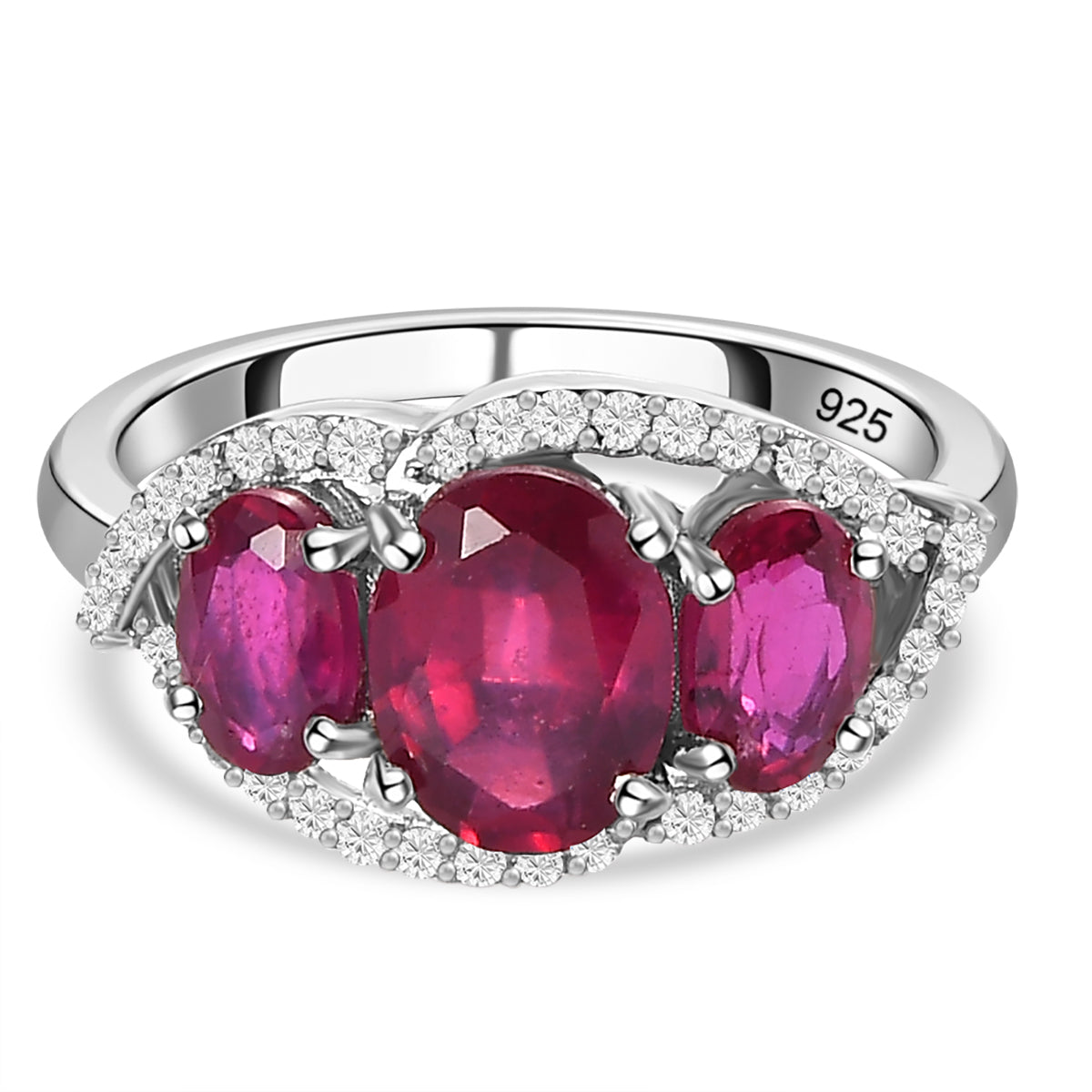 African Ruby and Natural Zircon Trilogy Ring in Platinum Overlay Sterling Silver V32567958 0