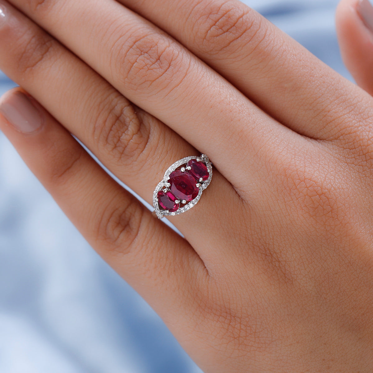 African Ruby and Natural Zircon Trilogy Ring in Platinum Overlay Sterling Silver V32567958 2