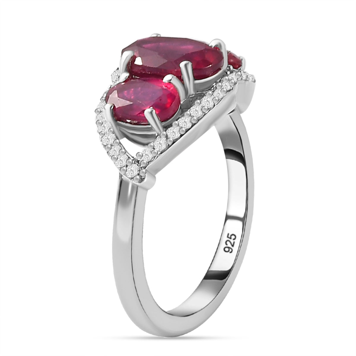 African Ruby and Natural Zircon Trilogy Ring in Platinum Overlay Sterling Silver V32567958 3