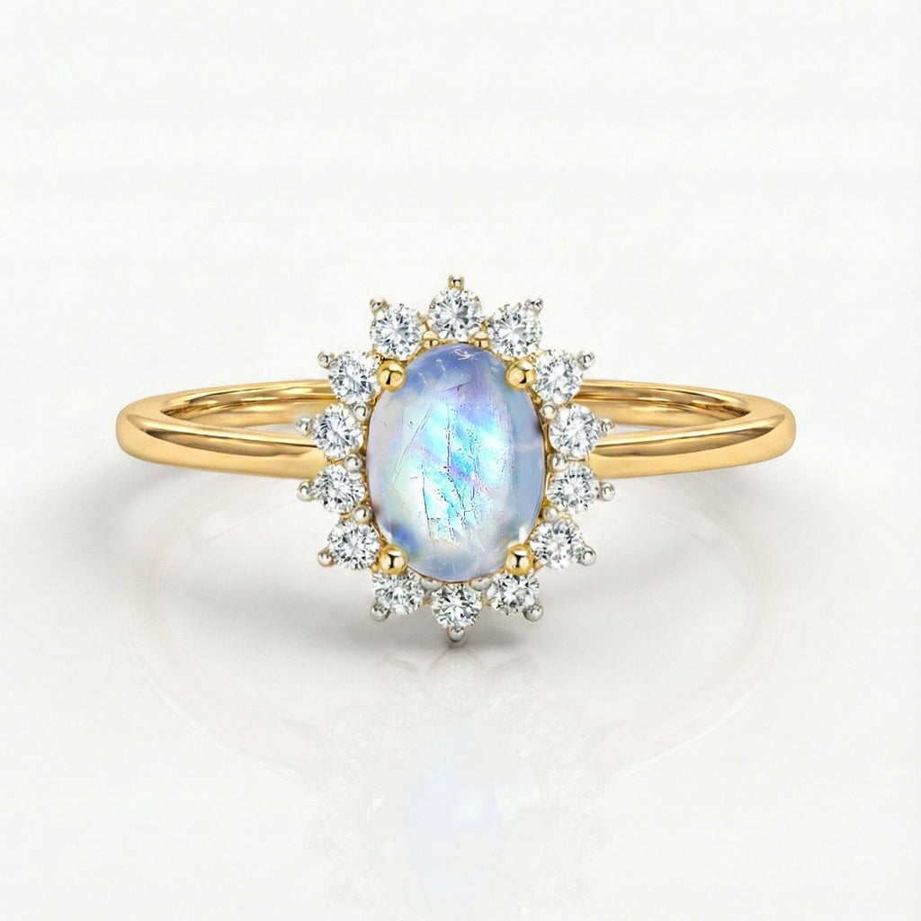 D'Joy - Rainbow Moonstone & Natural Zircon Halo Ring in 18K Vermeil Yellow Gold Plated Sterling Silver 1.18 Ct_7343996