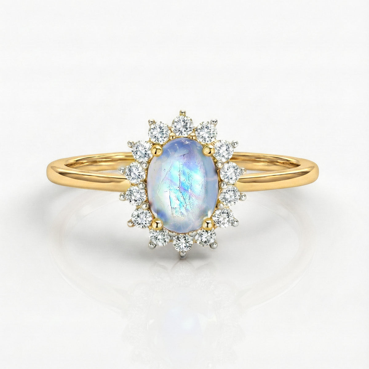 Princess Diana Inspired Rainbow Moonstone June Birthstone Halo Ring in Sterling Silver with 18K Vermeil Yellow Gold 7343996 0